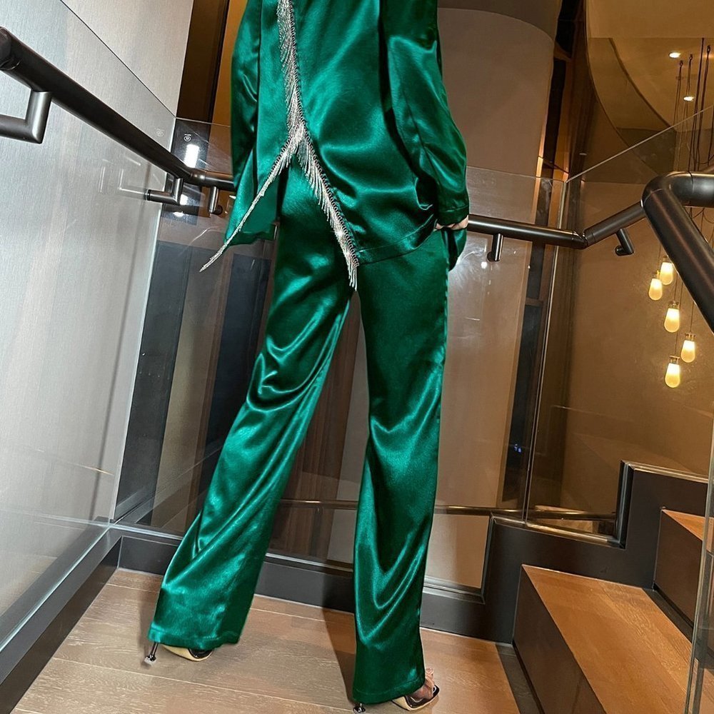 Dark Green Casual Womens Fringe Trim Split Back Single Breasted Blazer & Pants - Picture 5 of 5